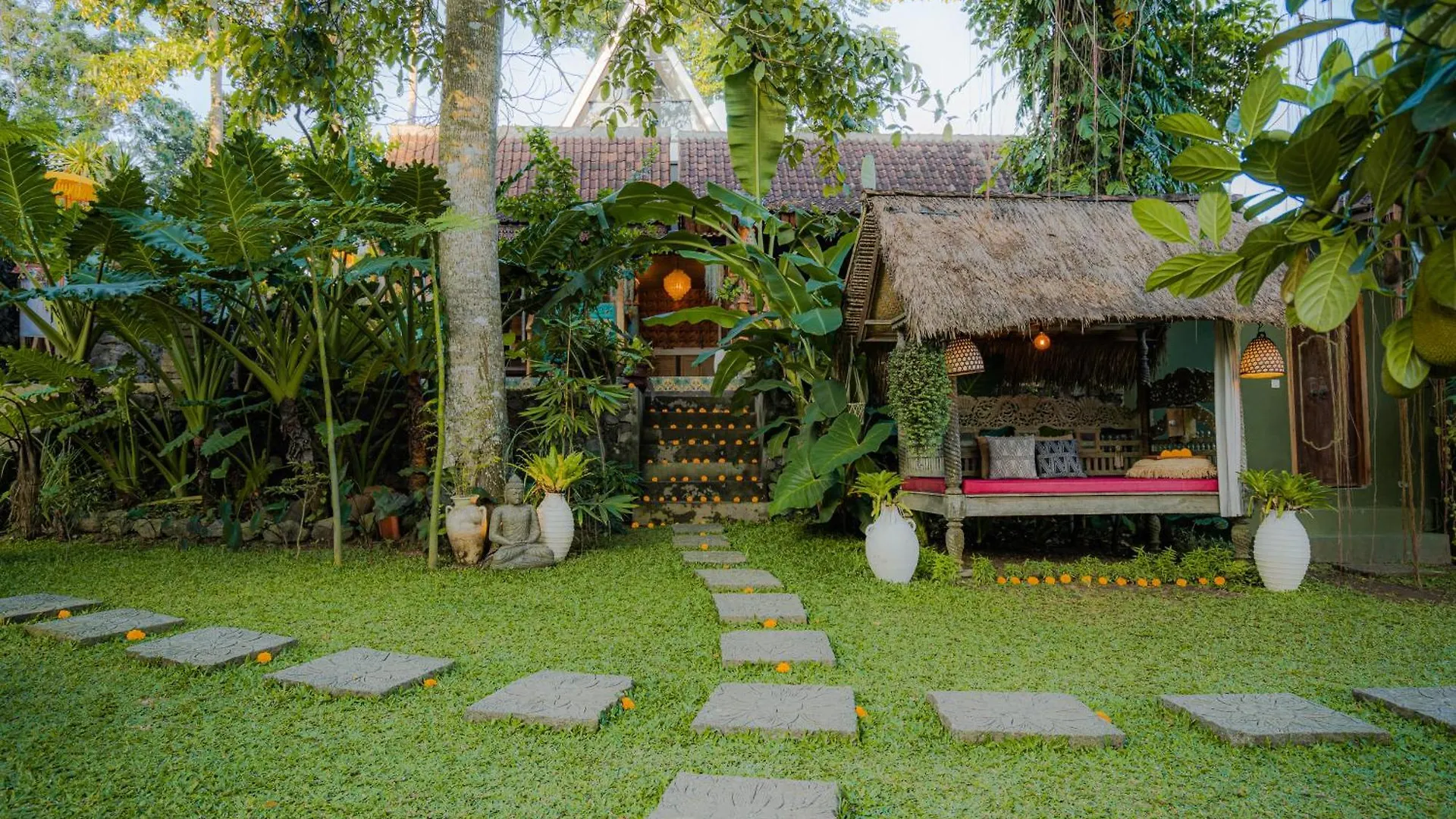 Tropical Traditional Indonesian Wooden Cottage In Ubud Indonesia